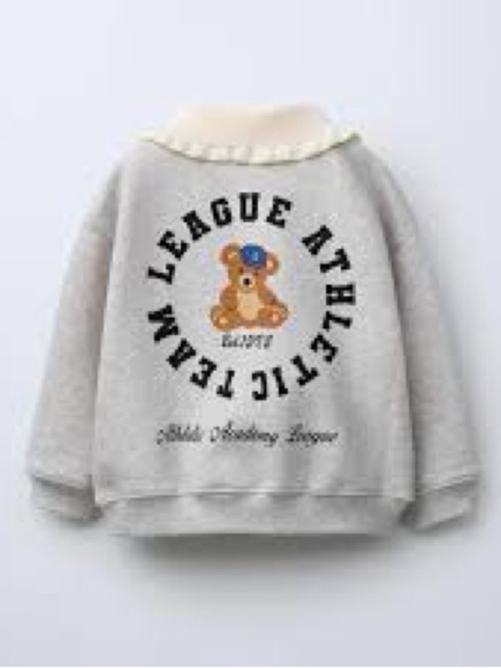 Zara Light Gray Sweatshirt with Cream Ruffle Collar and Navy Yellow Embroidery